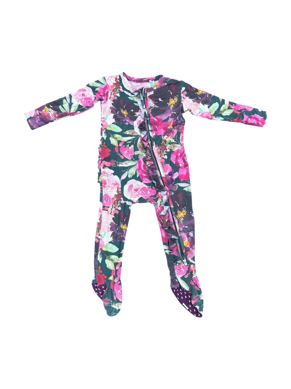 Posh Peanut Floral Footed One-Piece Pajamas - Pink & Green